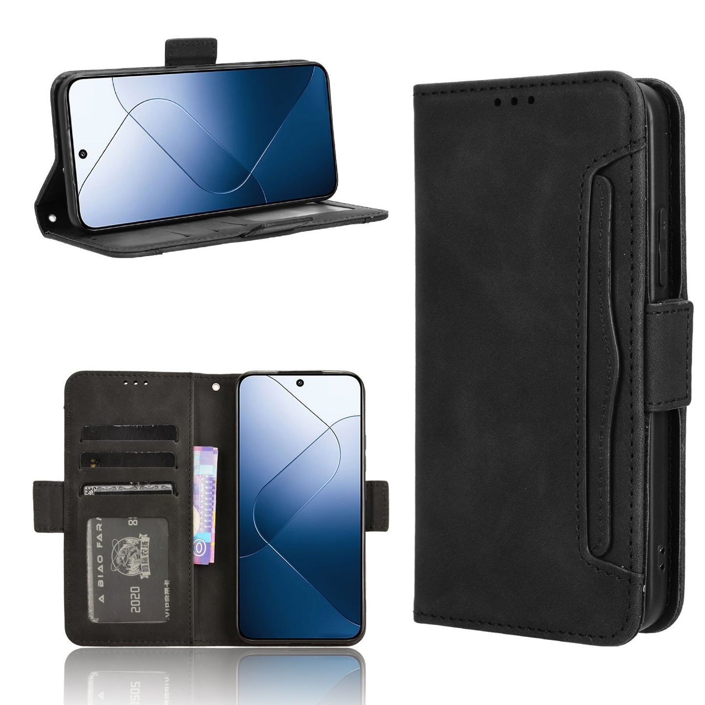 Xiaomi 14 Skin Feel PU Leather Wallet Phone Case with Card Slots, Cash Pocket, Magnetic Closure, Built-In Stand, Full Protection TPU Cover