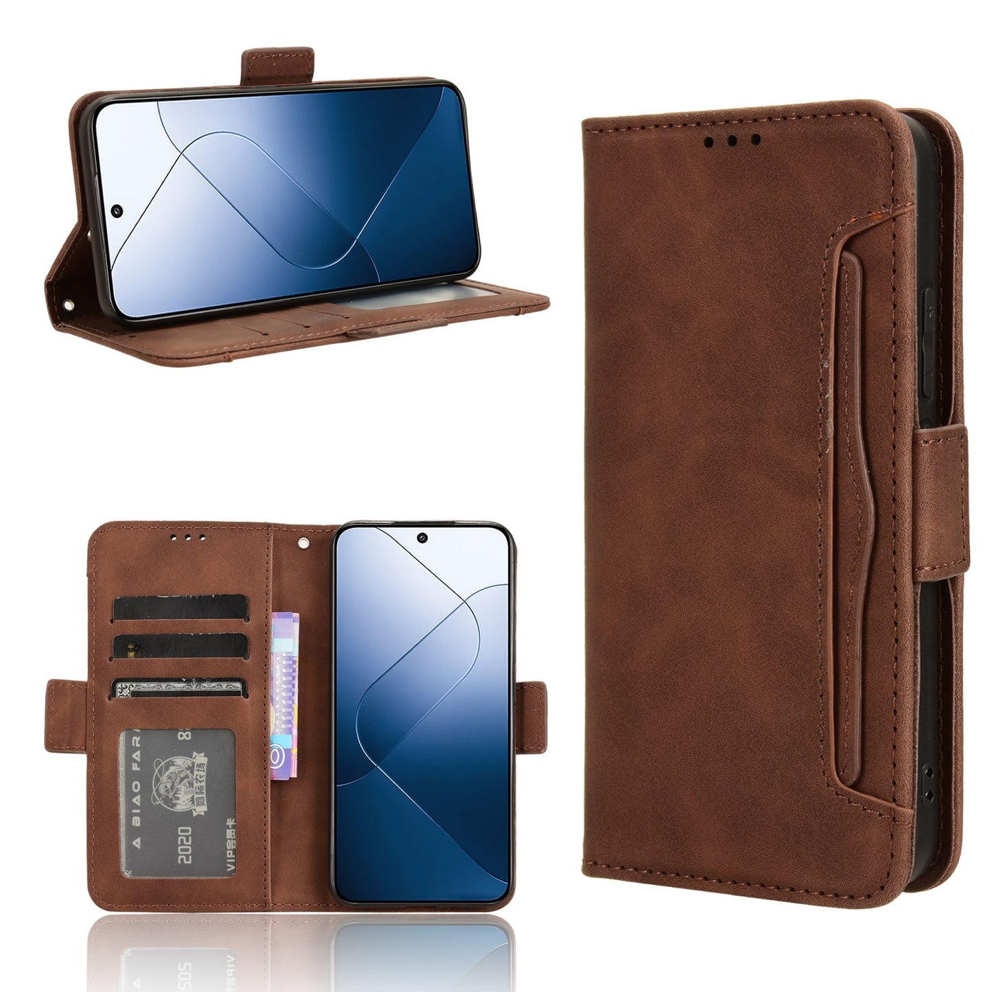 Xiaomi 14 Skin Feel PU Leather Wallet Phone Case with Card Slots, Cash Pocket, Magnetic Closure, Built-In Stand, Full Protection TPU Cover