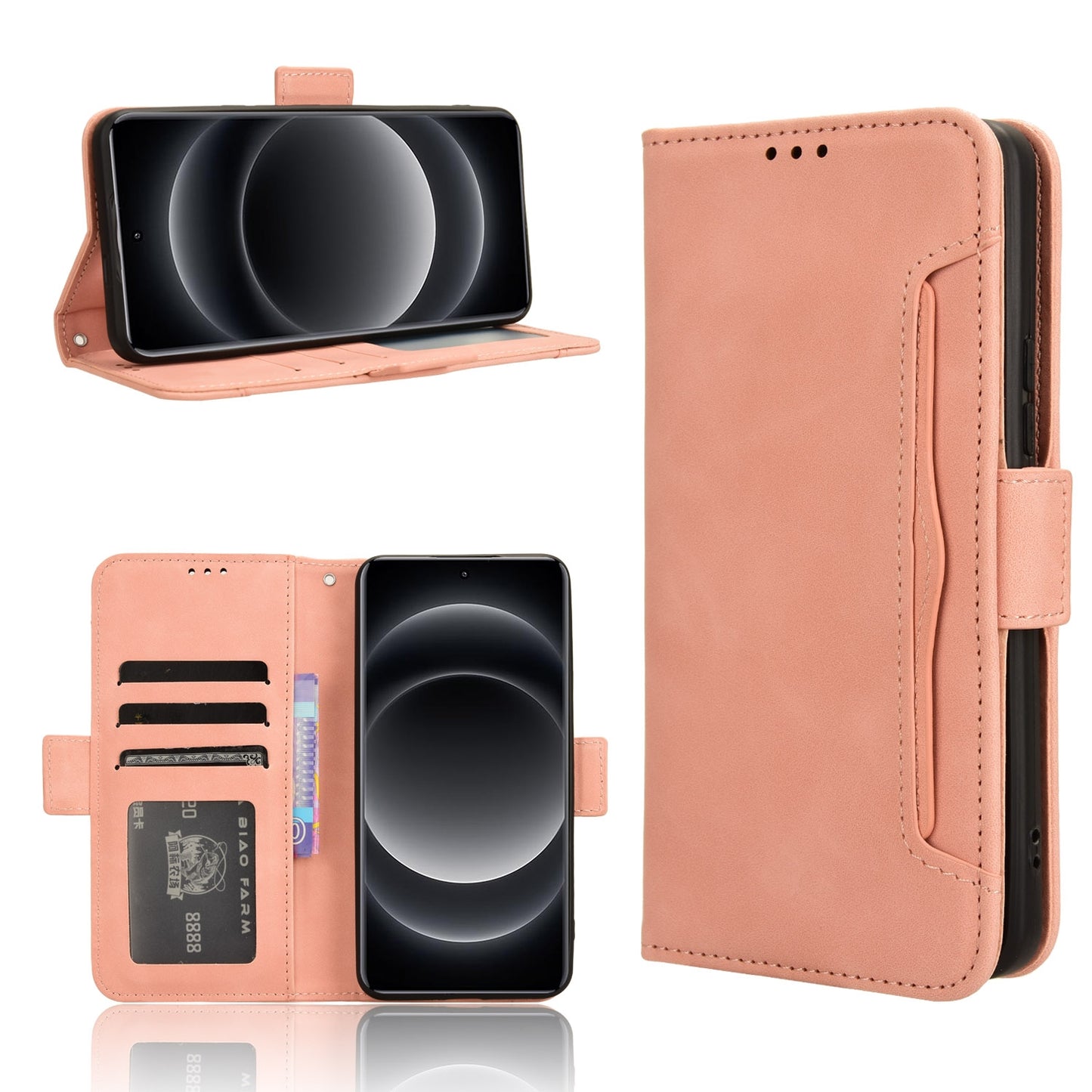 Xiaomi 14 Ultra Skin Feel PU Leather Wallet Phone Case with Card Slots, Cash Pocket, Magnetic Closure, Built-In Stand, Full Protection TPU Cover