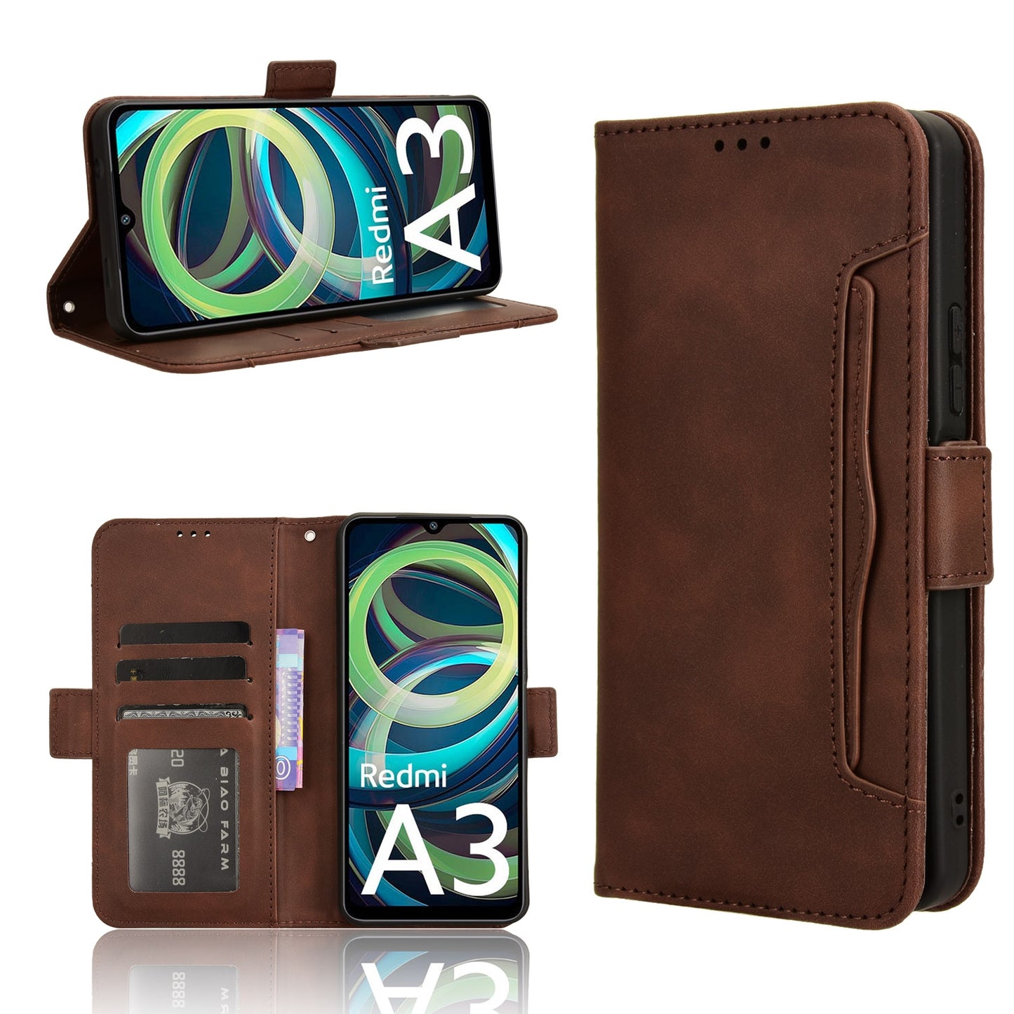 Xiaomi Poco C61 Skin Feel PU Leather Wallet Phone Case with Card Slots, Cash Pocket, Magnetic Closure, Built-In Stand, Full Protection TPU Cover