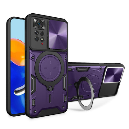 Xiaomi Redmi Note 11 4G Magnetic Holder CD Texture Sliding Camshield Phone Case, TPU PC Shockproof Cover