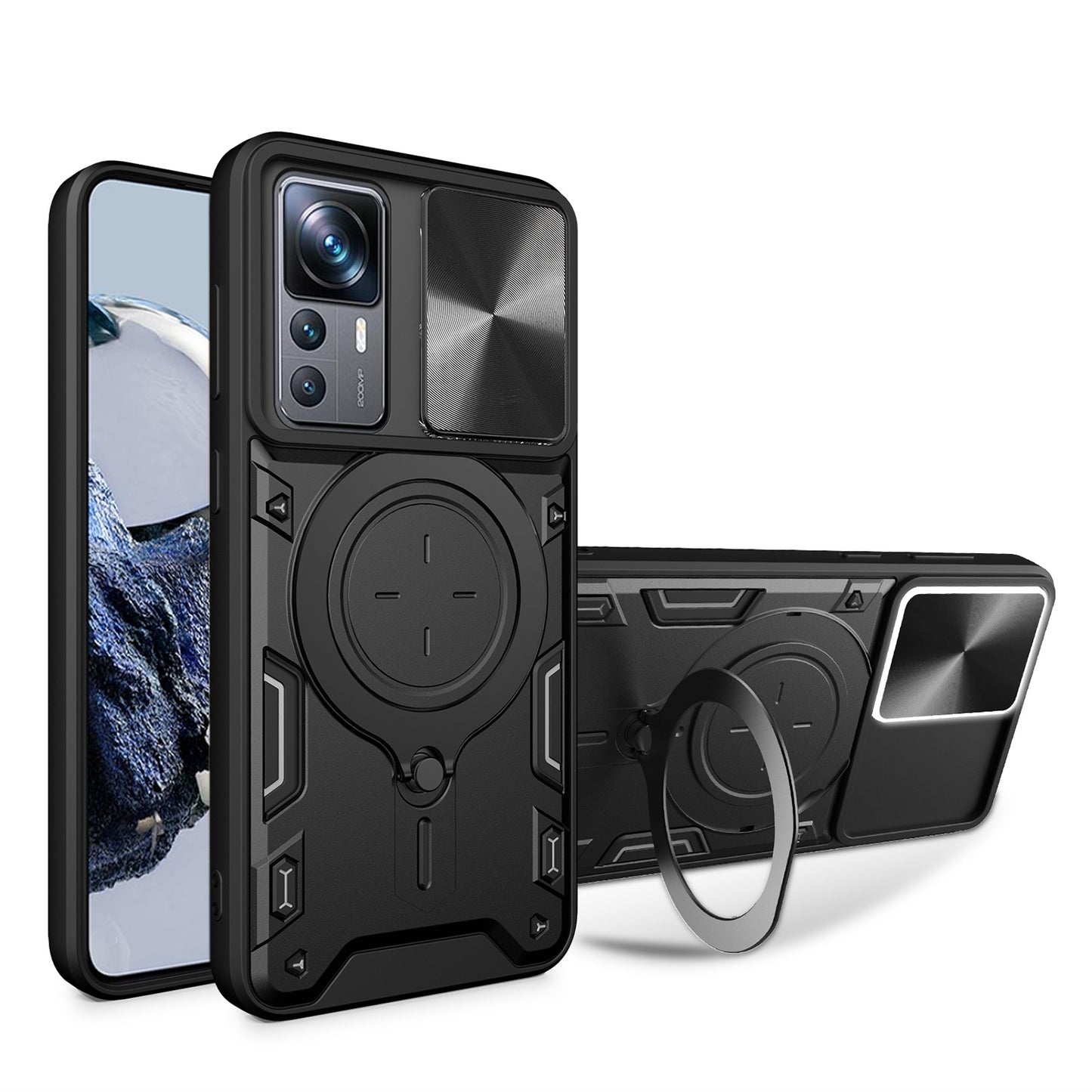 Xiaomi 12T Pro Magnetic Holder CD Texture Sliding Camshield Phone Case, TPU PC Shockproof Cover