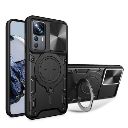Xiaomi 12T Pro Magnetic Holder CD Texture Sliding Camshield Phone Case, TPU PC Shockproof Cover
