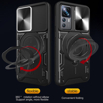 Xiaomi 12T Pro Magnetic Holder CD Texture Sliding Camshield Phone Case, TPU PC Shockproof Cover