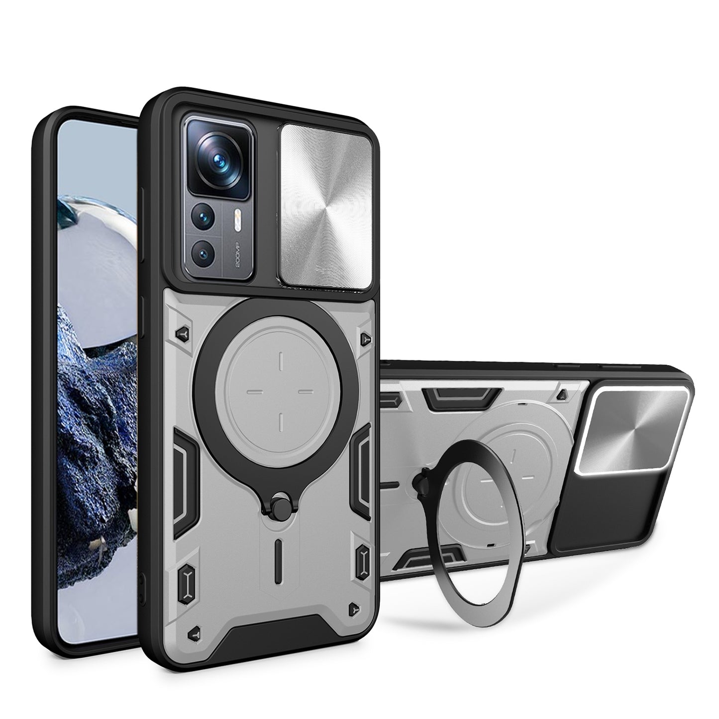 Xiaomi 12T Pro Magnetic Holder CD Texture Sliding Camshield Phone Case, TPU PC Shockproof Cover