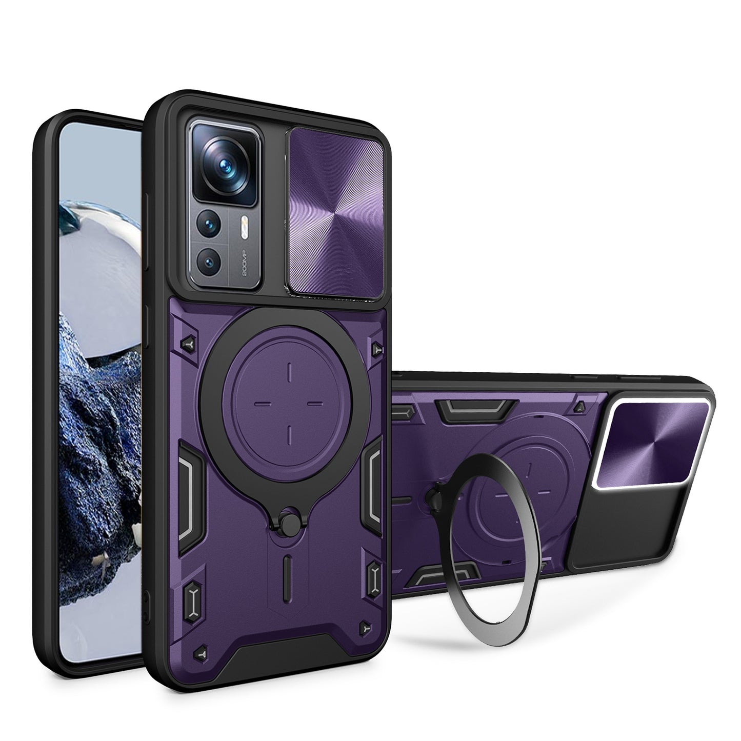 Xiaomi 12T Pro Magnetic Holder CD Texture Sliding Camshield Phone Case, TPU PC Shockproof Cover