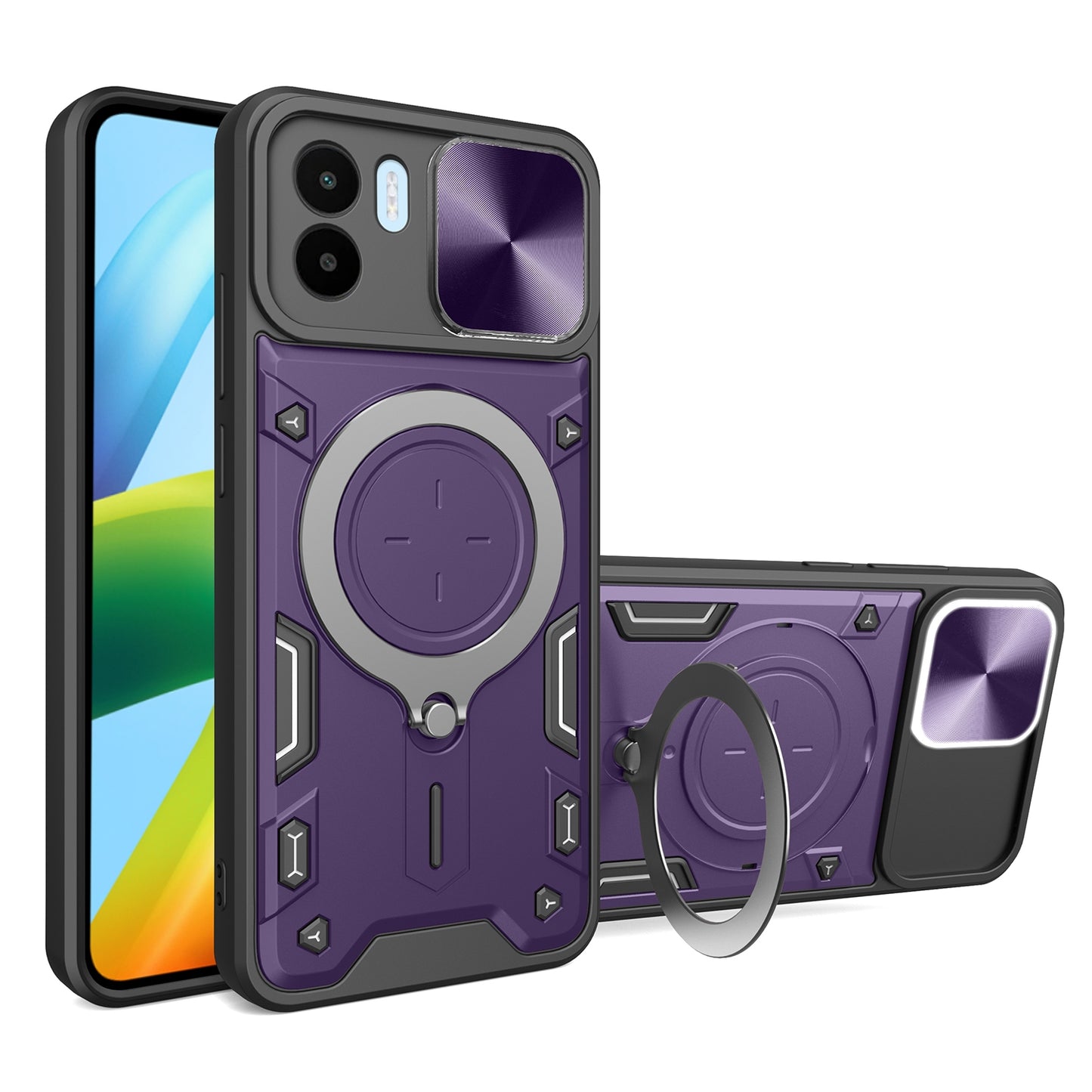 Xiaomi Redmi A1 4G Magnetic Holder CD Texture Sliding Camshield Phone Case, TPU PC Shockproof Cover