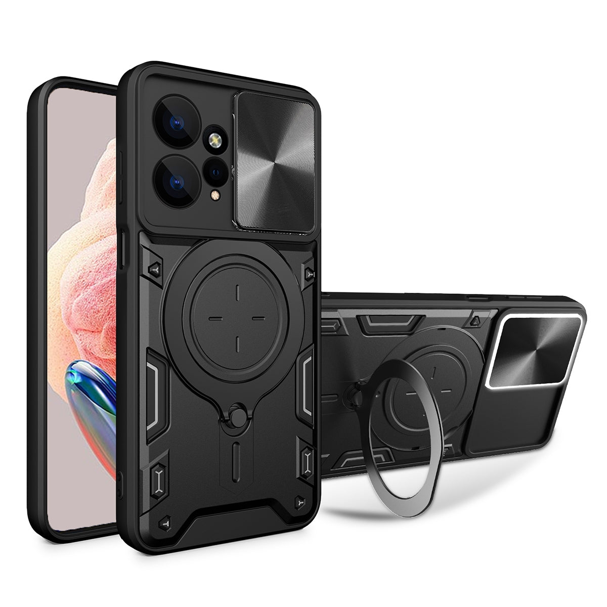 Xiaomi Redmi Note 12 4G Magnetic Holder CD Texture Sliding Camshield Phone Case, TPU PC Shockproof Cover