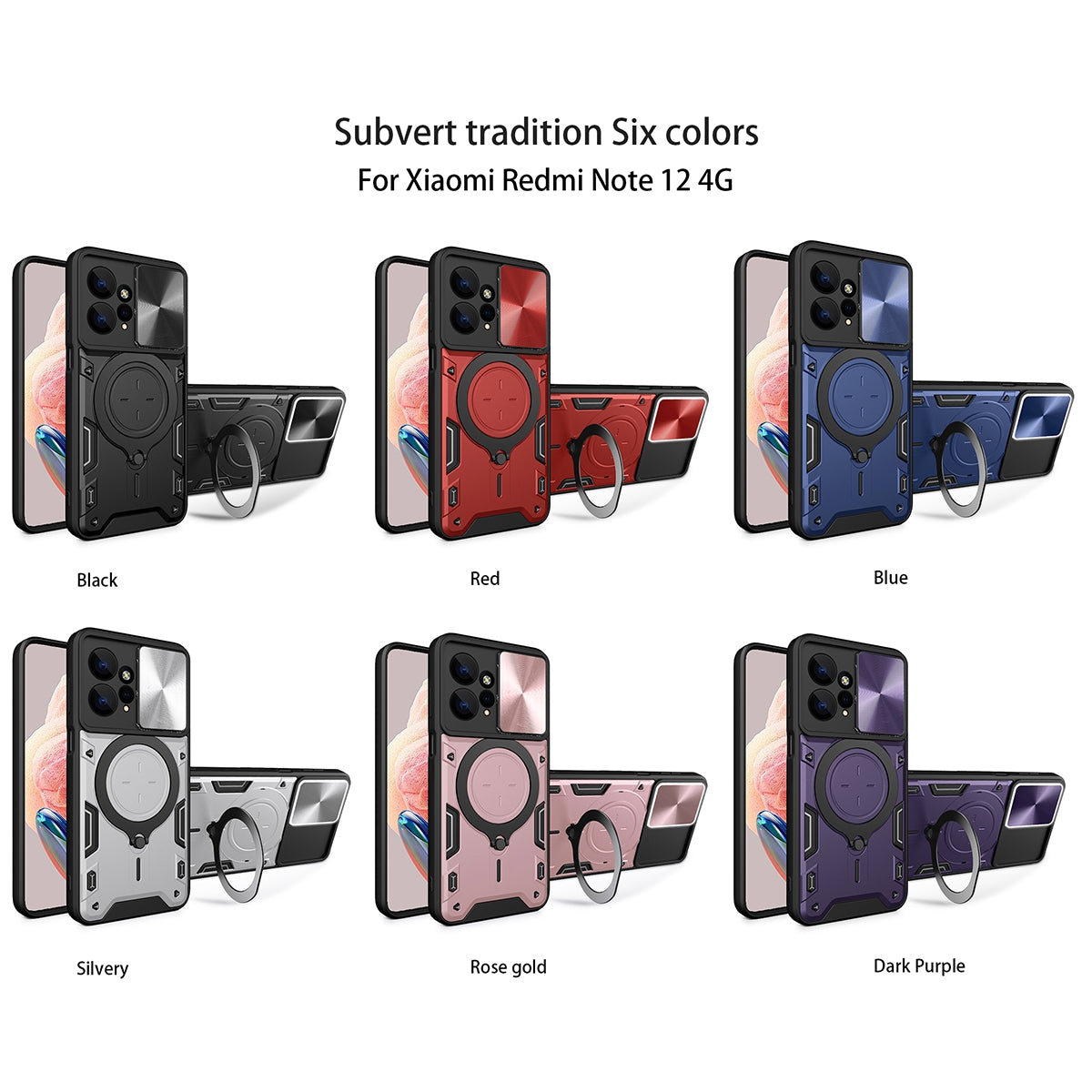 Xiaomi Redmi Note 12 4G Magnetic Holder CD Texture Sliding Camshield Phone Case, TPU PC Shockproof Cover