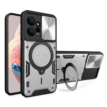 Xiaomi Redmi Note 12 4G Magnetic Holder CD Texture Sliding Camshield Phone Case, TPU PC Shockproof Cover