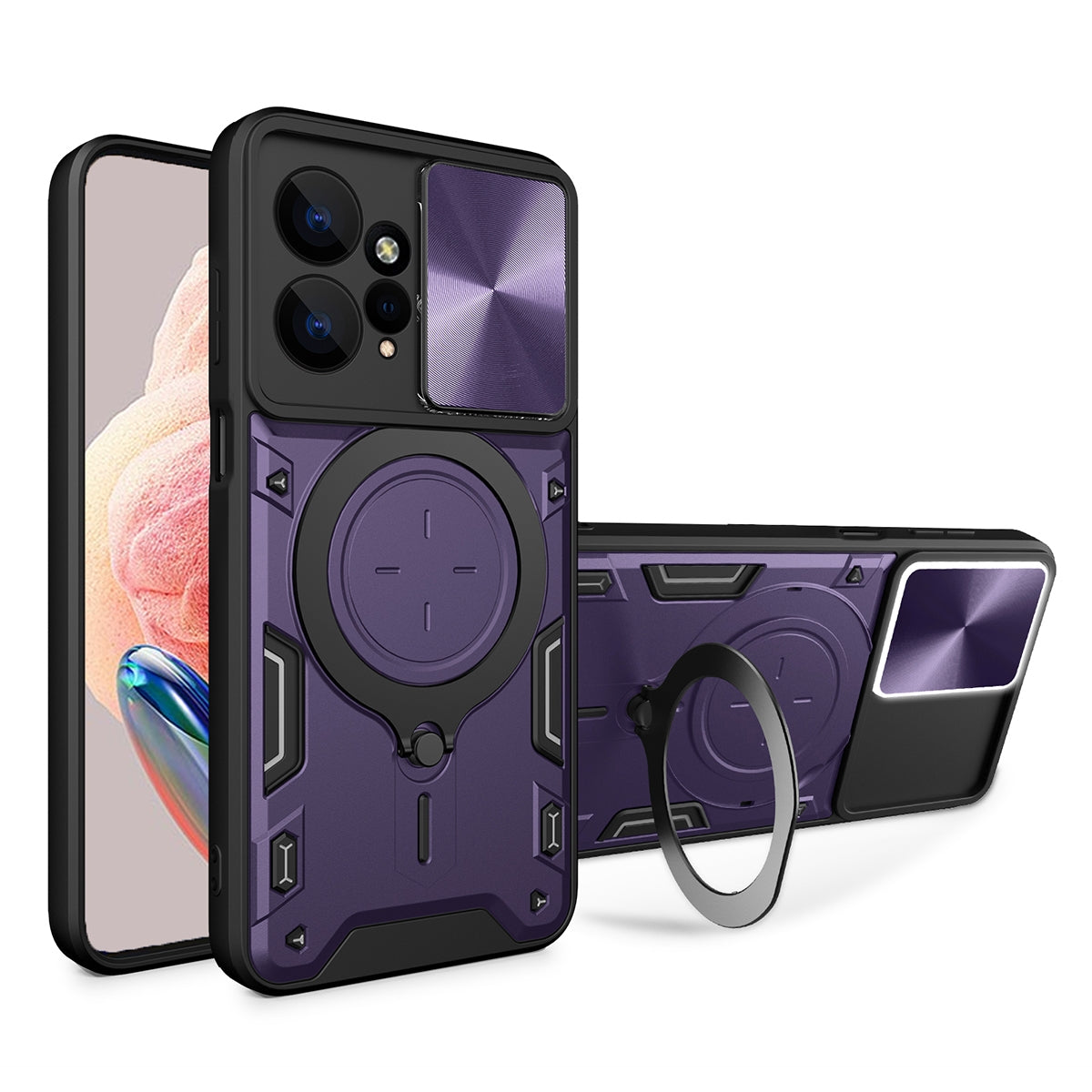 Xiaomi Redmi Note 12 4G Magnetic Holder CD Texture Sliding Camshield Phone Case, TPU PC Shockproof Cover