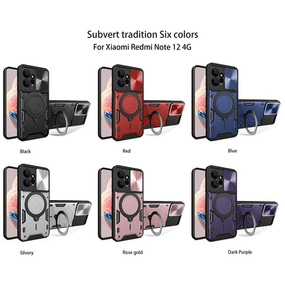 Xiaomi Redmi Note 12 4G Magnetic Holder CD Texture Sliding Camshield Phone Case, TPU PC Shockproof Cover