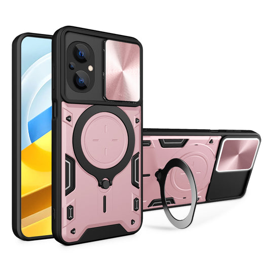 Xiaomi Poco M5 5G Magnetic Holder CD Texture Sliding Camshield Phone Case, TPU PC Shockproof Cover