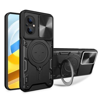 Xiaomi Poco M5 5G Magnetic Holder CD Texture Sliding Camshield Phone Case, TPU PC Shockproof Cover