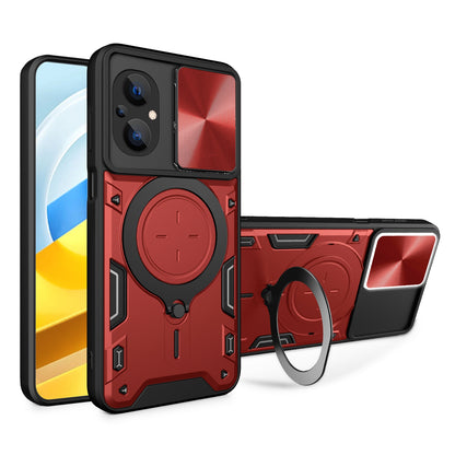 Xiaomi Poco M5 5G Magnetic Holder CD Texture Sliding Camshield Phone Case, TPU PC Shockproof Cover