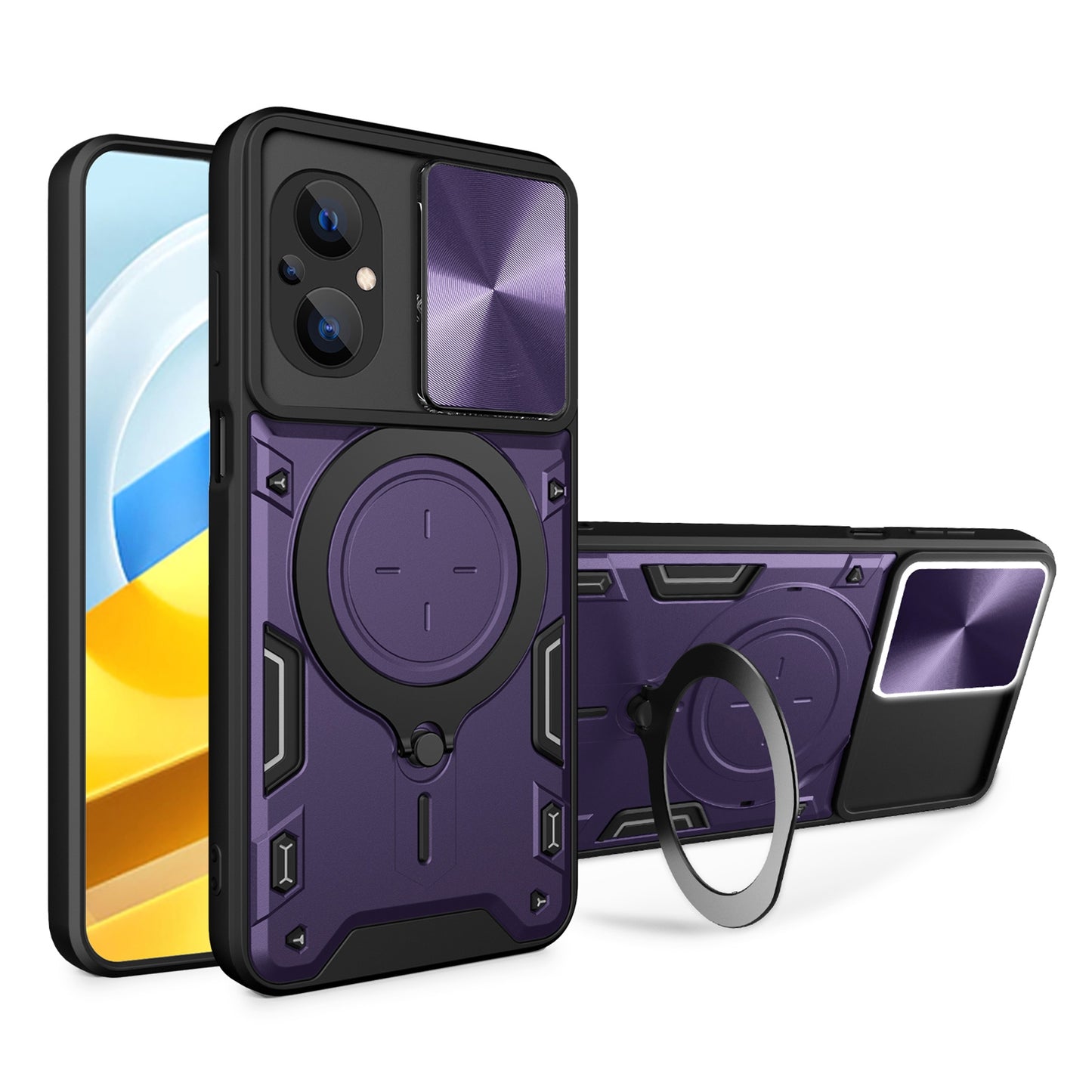 Xiaomi Poco M5 5G Magnetic Holder CD Texture Sliding Camshield Phone Case, TPU PC Shockproof Cover