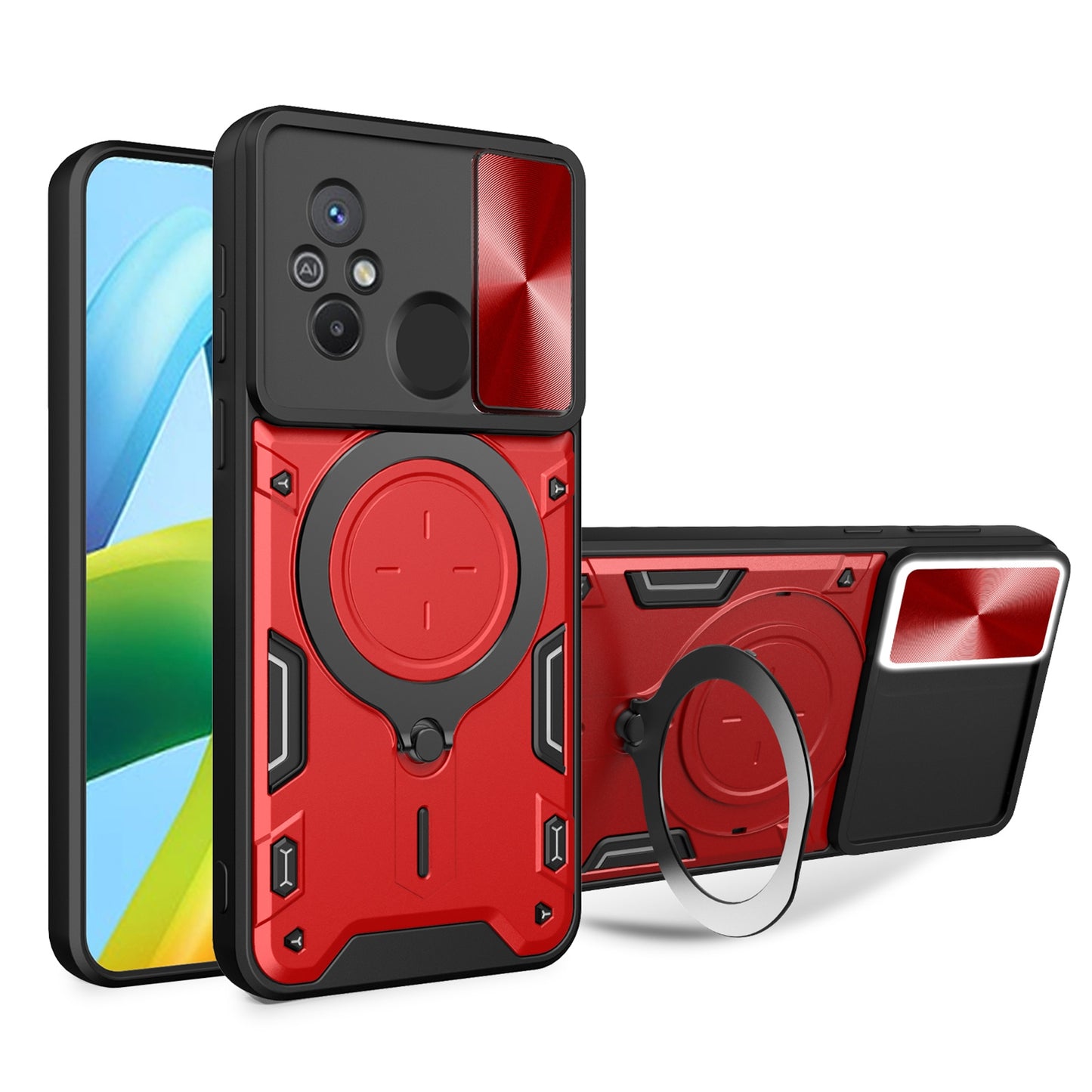Xiaomi Redmi 12C Magnetic Holder CD Texture Sliding Camshield Phone Case, TPU PC Shockproof Cover