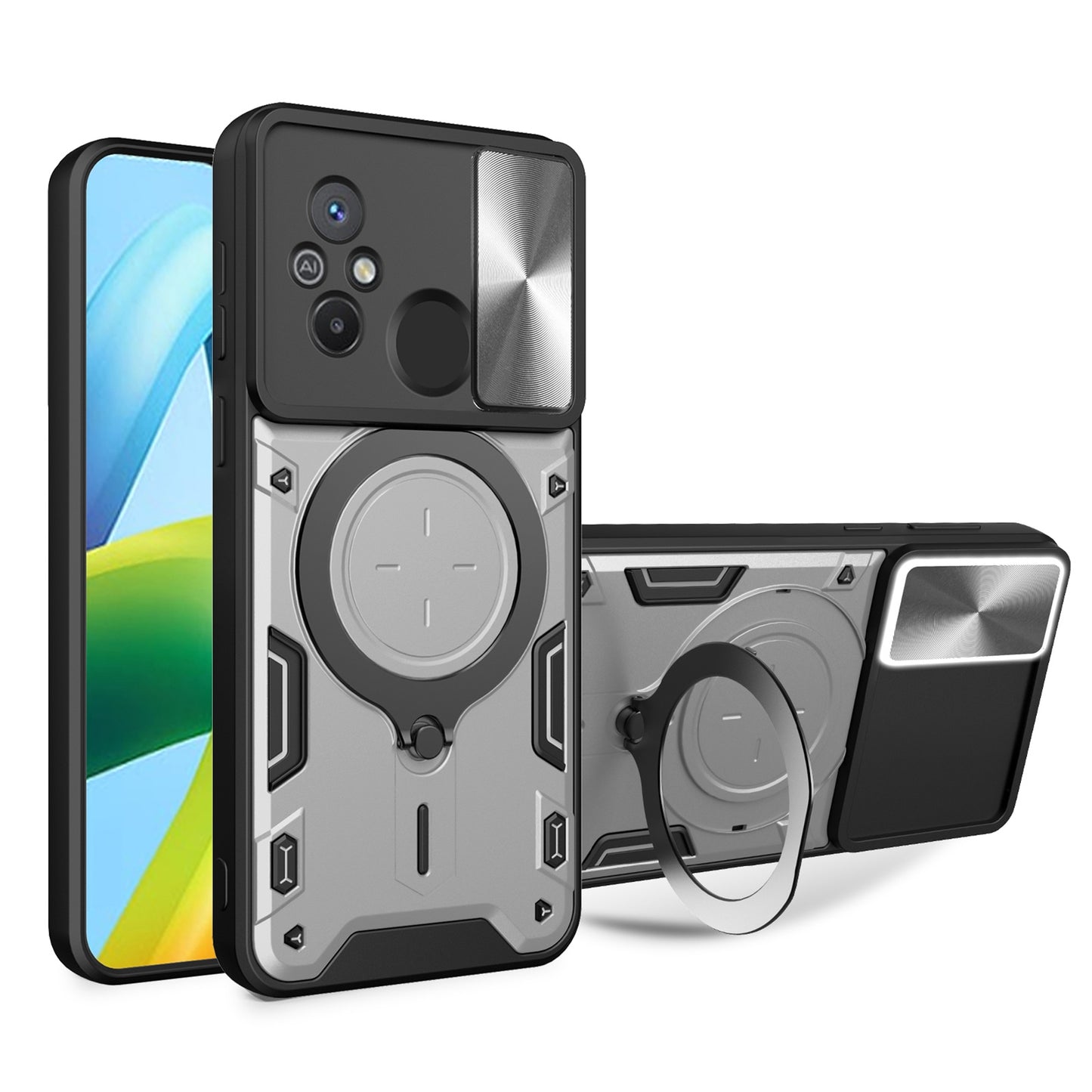 Xiaomi Redmi 12C Magnetic Holder CD Texture Sliding Camshield Phone Case, TPU PC Shockproof Cover