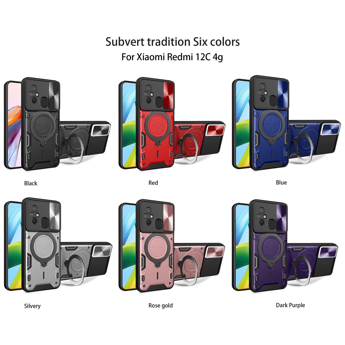 Xiaomi Redmi 12C Magnetic Holder CD Texture Sliding Camshield Phone Case, TPU PC Shockproof Cover