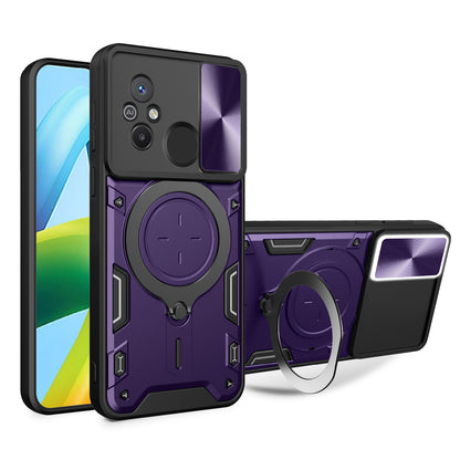 Xiaomi Redmi 12C Magnetic Holder CD Texture Sliding Camshield Phone Case, TPU PC Shockproof Cover
