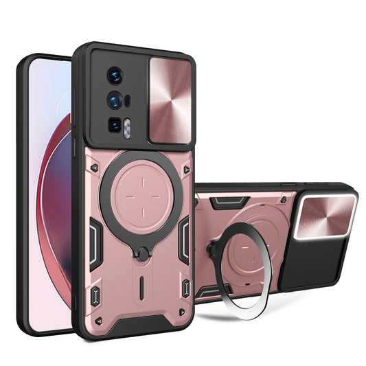 Xiaomi Poco F5 Pro Magnetic Holder CD Texture Sliding Camshield Phone Case, TPU PC Shockproof Cover