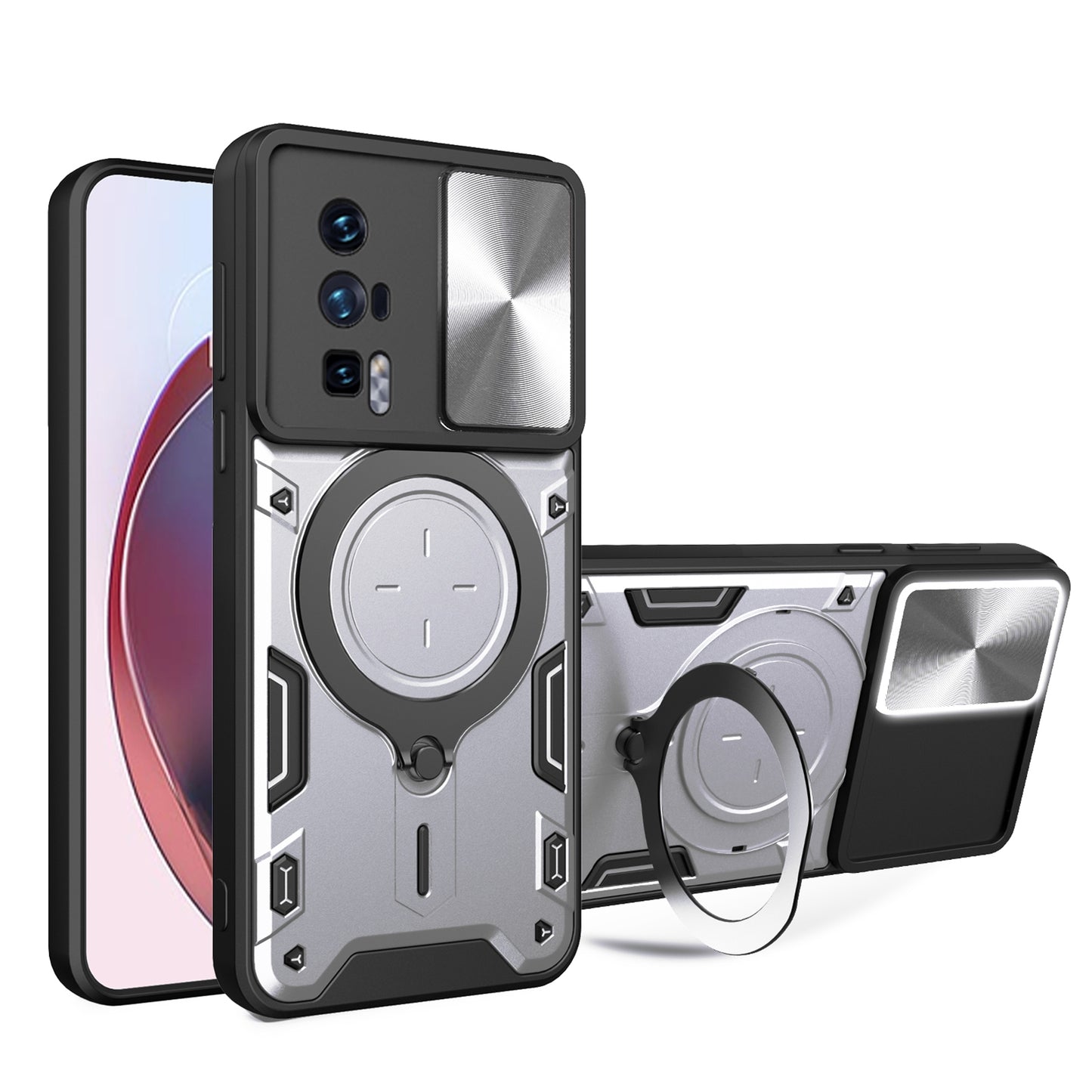 Xiaomi Poco F5 Pro Magnetic Holder CD Texture Sliding Camshield Phone Case, TPU PC Shockproof Cover
