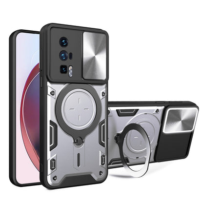 Xiaomi Poco F5 Pro Magnetic Holder CD Texture Sliding Camshield Phone Case, TPU PC Shockproof Cover