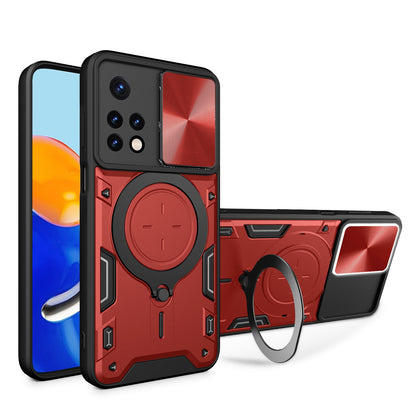 Xiaomi Redmi Note 11 Magnetic Holder CD Texture Sliding Camshield Phone Case, TPU PC Shockproof Cover
