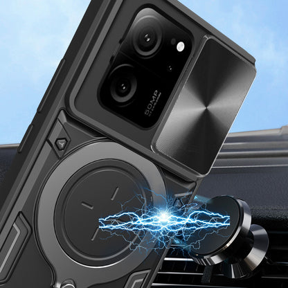 Xiaomi 13T Magnetic Holder CD Texture Sliding Camshield Phone Case, TPU PC Shockproof Cover
