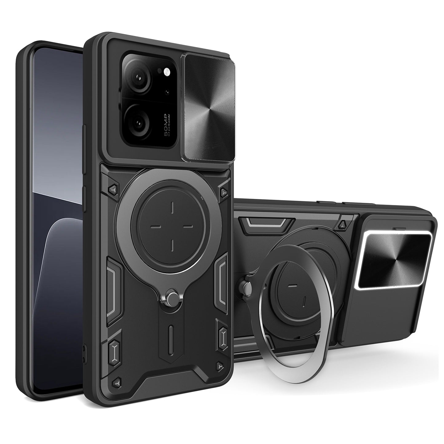 Xiaomi 13T Magnetic Holder CD Texture Sliding Camshield Phone Case, TPU PC Shockproof Cover