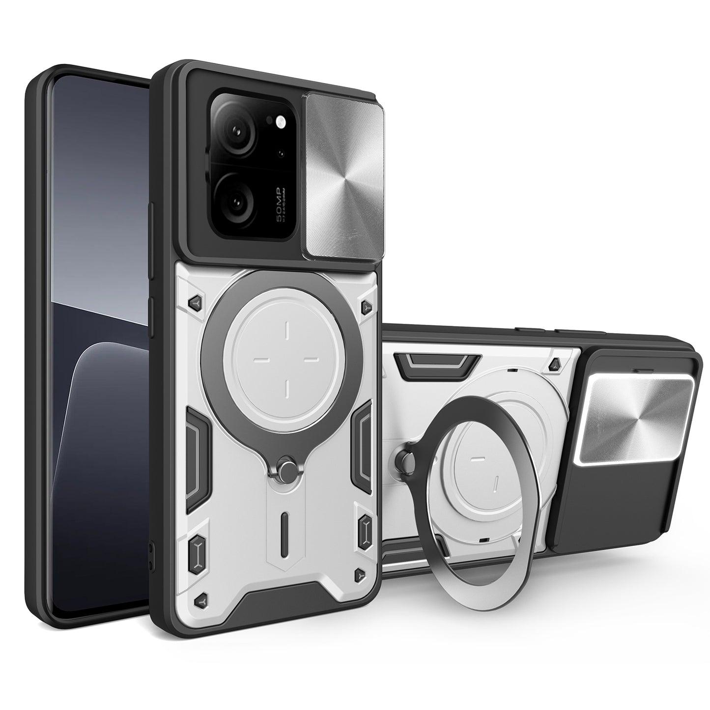Xiaomi 13T Magnetic Holder CD Texture Sliding Camshield Phone Case, TPU PC Shockproof Cover