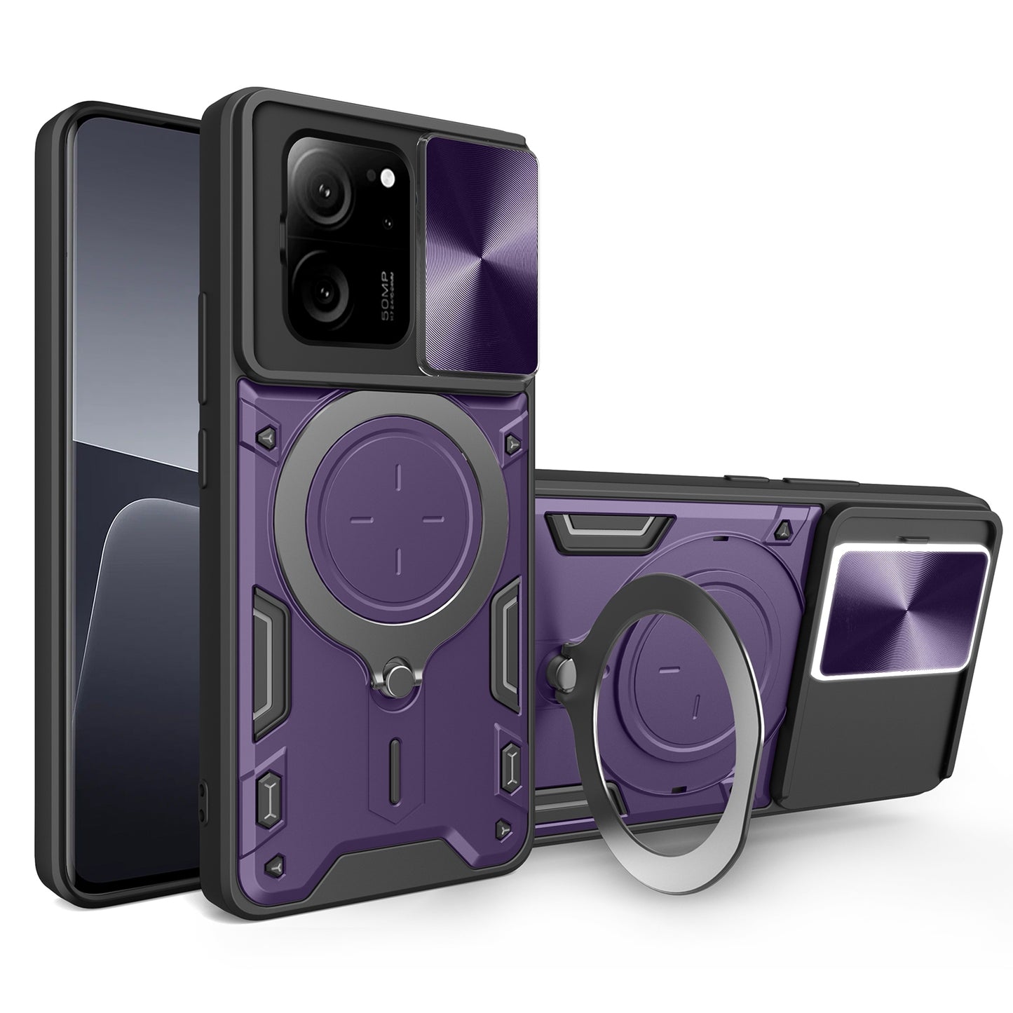 Xiaomi 13T Magnetic Holder CD Texture Sliding Camshield Phone Case, TPU PC Shockproof Cover