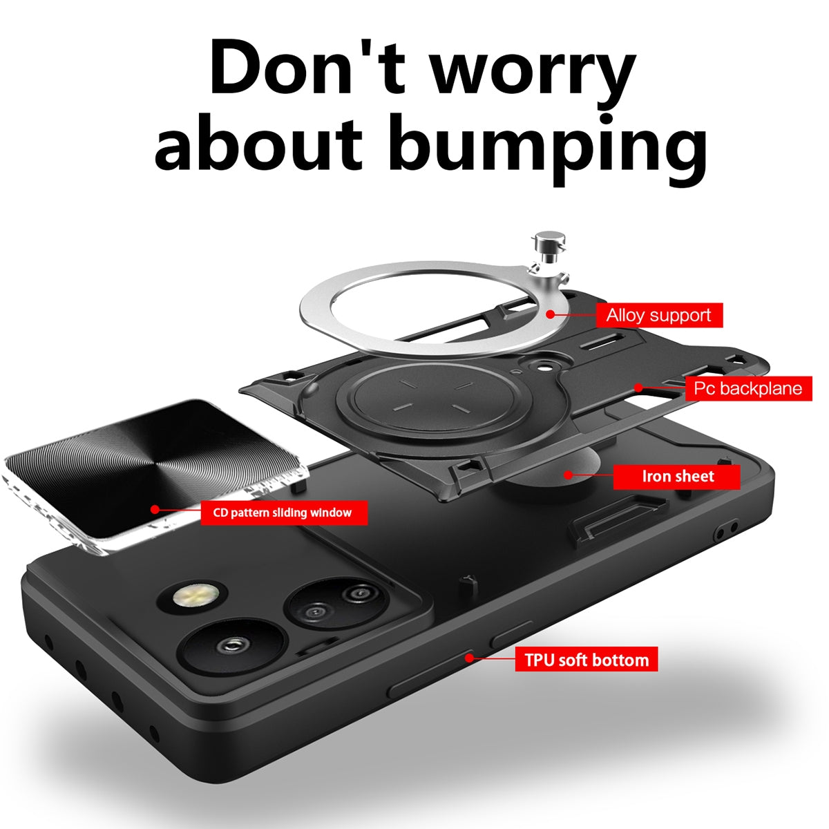 Xiaomi Redmi 13C 4G Magnetic Holder CD Texture Sliding Camshield Phone Case, TPU PC Shockproof Cover
