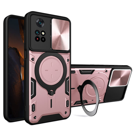 Xiaomi Poco M4 Pro 4G Magnetic Holder CD Texture Sliding Camshield Phone Case, TPU PC Shockproof Cover