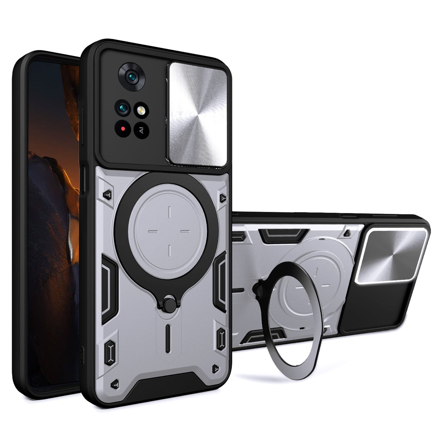 Xiaomi Poco M4 Pro 4G Magnetic Holder CD Texture Sliding Camshield Phone Case, TPU PC Shockproof Cover