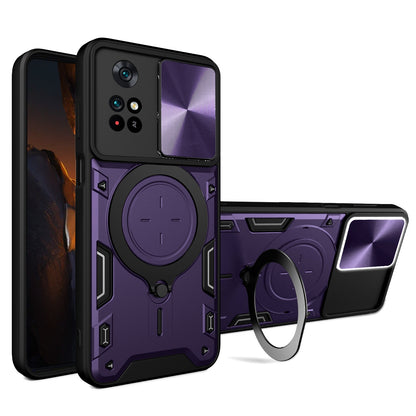 Xiaomi Poco M4 Pro 4G Magnetic Holder CD Texture Sliding Camshield Phone Case, TPU PC Shockproof Cover