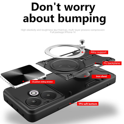 Xiaomi Redmi 13C 5G Magnetic Holder CD Texture Sliding Camshield Phone Case, TPU PC Shockproof Cover