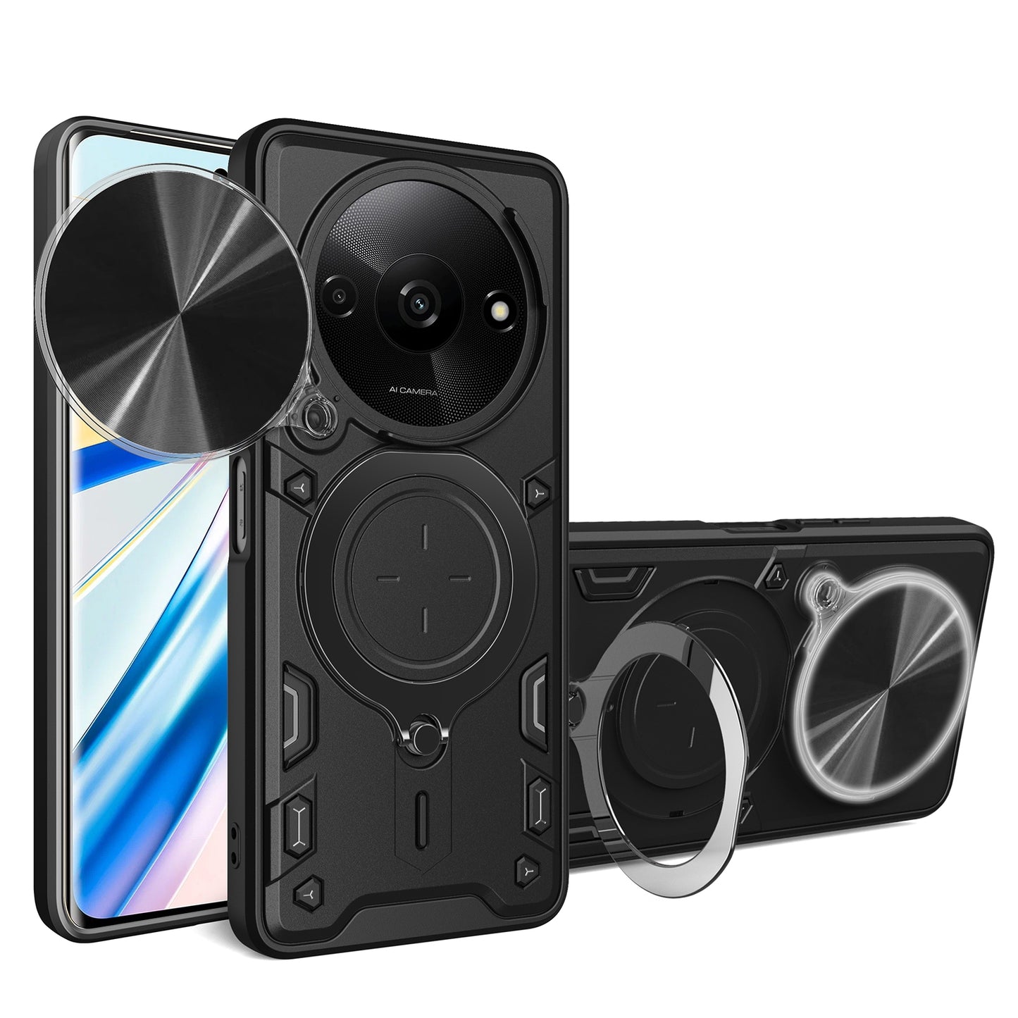 Xiaomi Redmi A3 Magnetic Holder CD Texture Sliding Camshield Phone Case, TPU PC Shockproof Cover