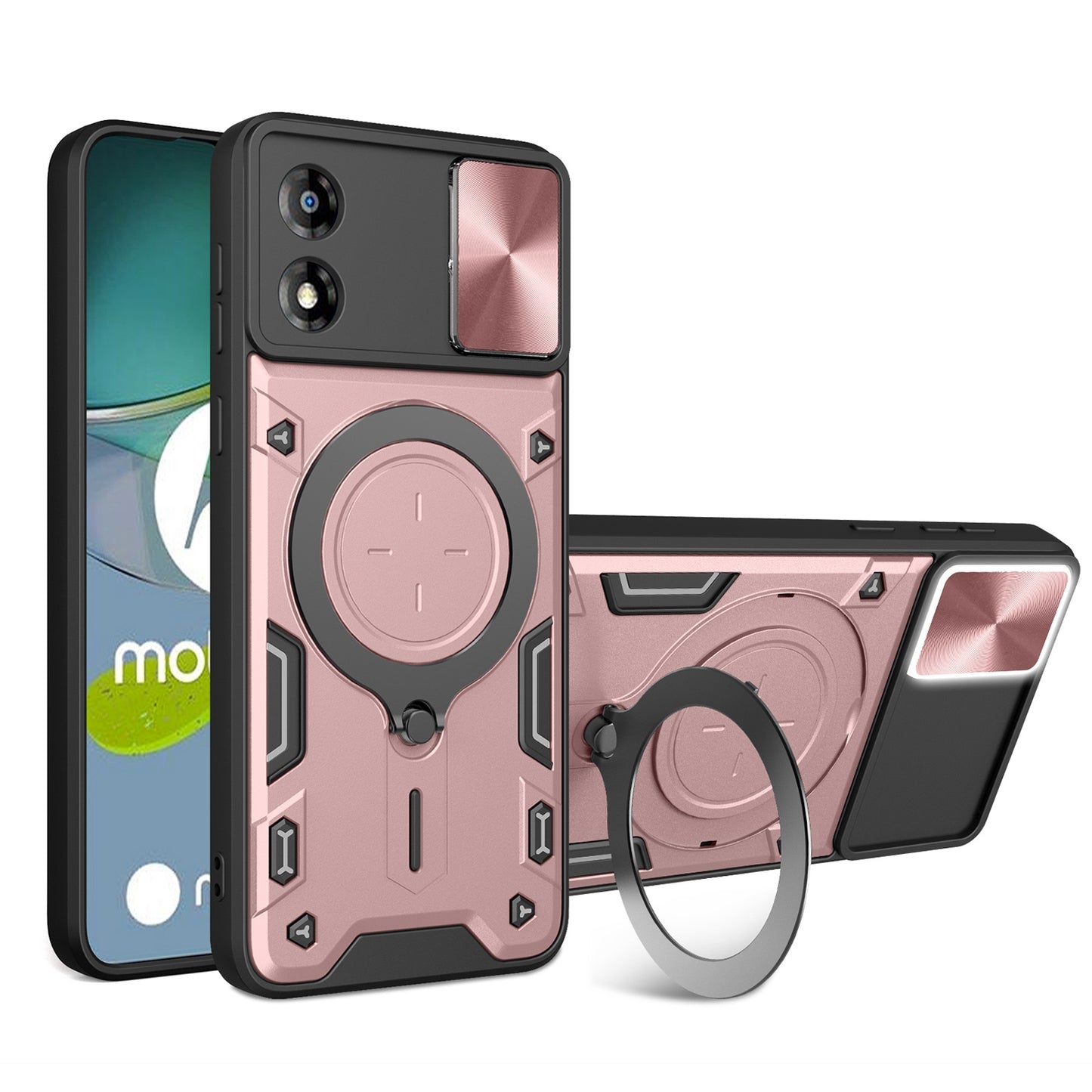 Motorola Moto E13 Magnetic Holder CD Texture Sliding Camshield Phone Case, TPU PC Shockproof Cover