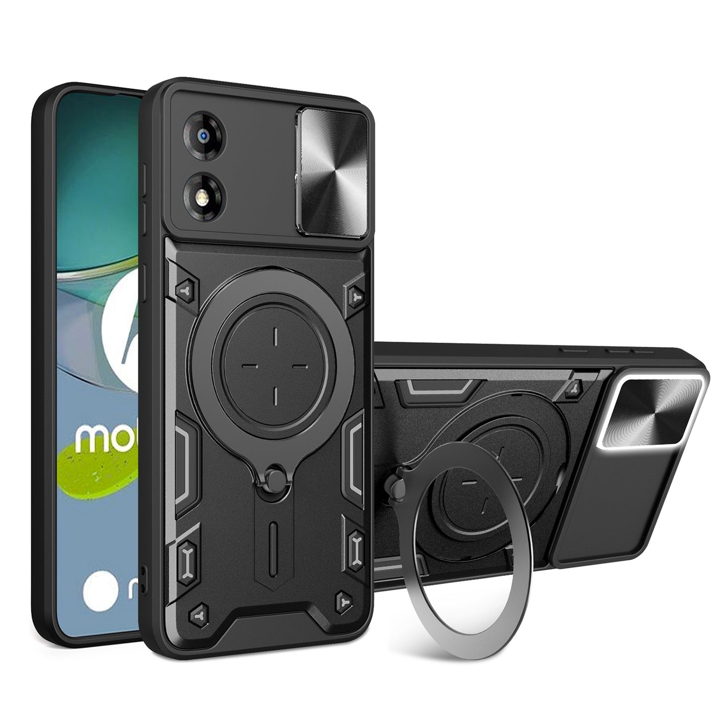 Motorola Moto E13 Magnetic Holder CD Texture Sliding Camshield Phone Case, TPU PC Shockproof Cover