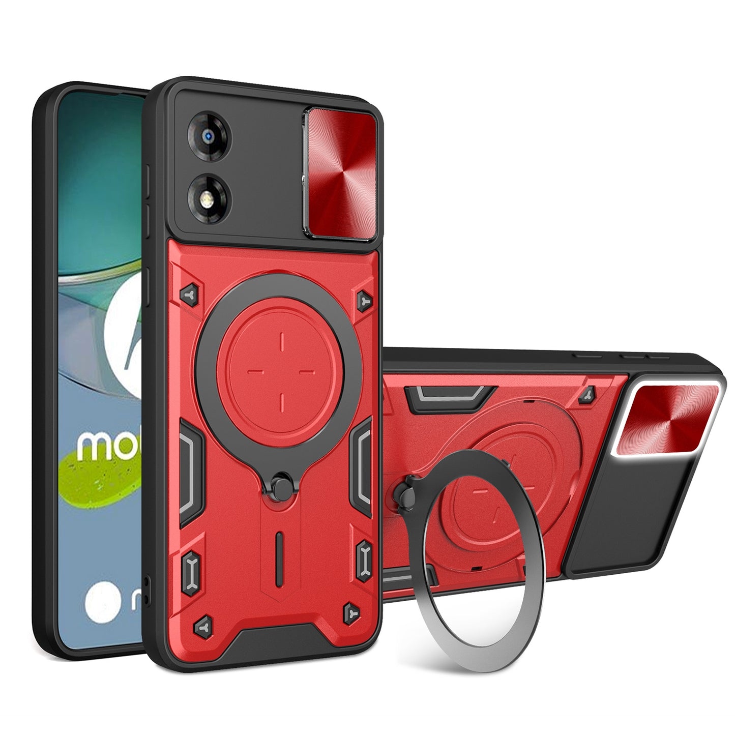 Motorola Moto E13 Magnetic Holder CD Texture Sliding Camshield Phone Case, TPU PC Shockproof Cover