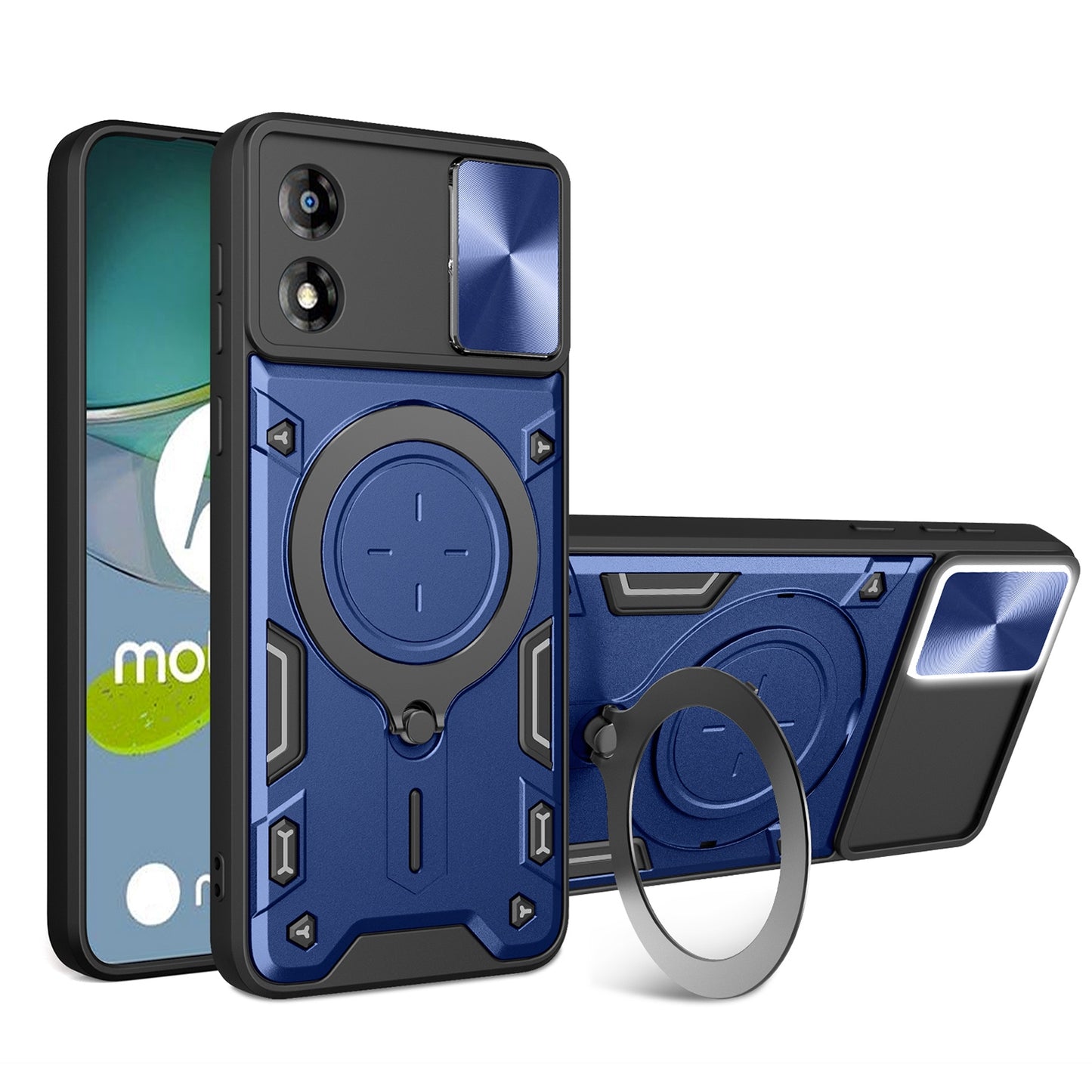 Motorola Moto E13 Magnetic Holder CD Texture Sliding Camshield Phone Case, TPU PC Shockproof Cover