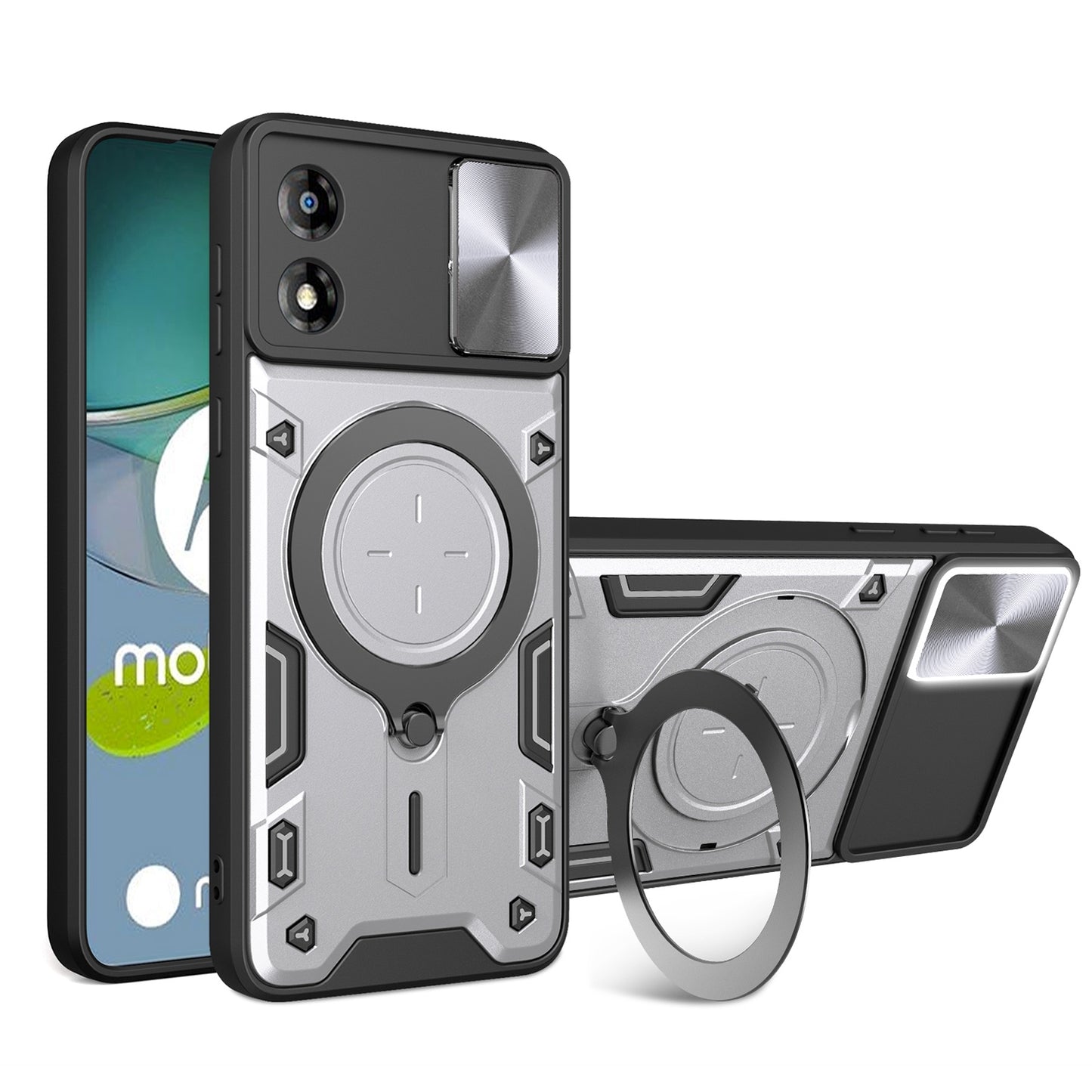 Motorola Moto E13 Magnetic Holder CD Texture Sliding Camshield Phone Case, TPU PC Shockproof Cover
