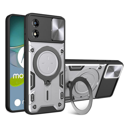 Motorola Moto E13 Magnetic Holder CD Texture Sliding Camshield Phone Case, TPU PC Shockproof Cover