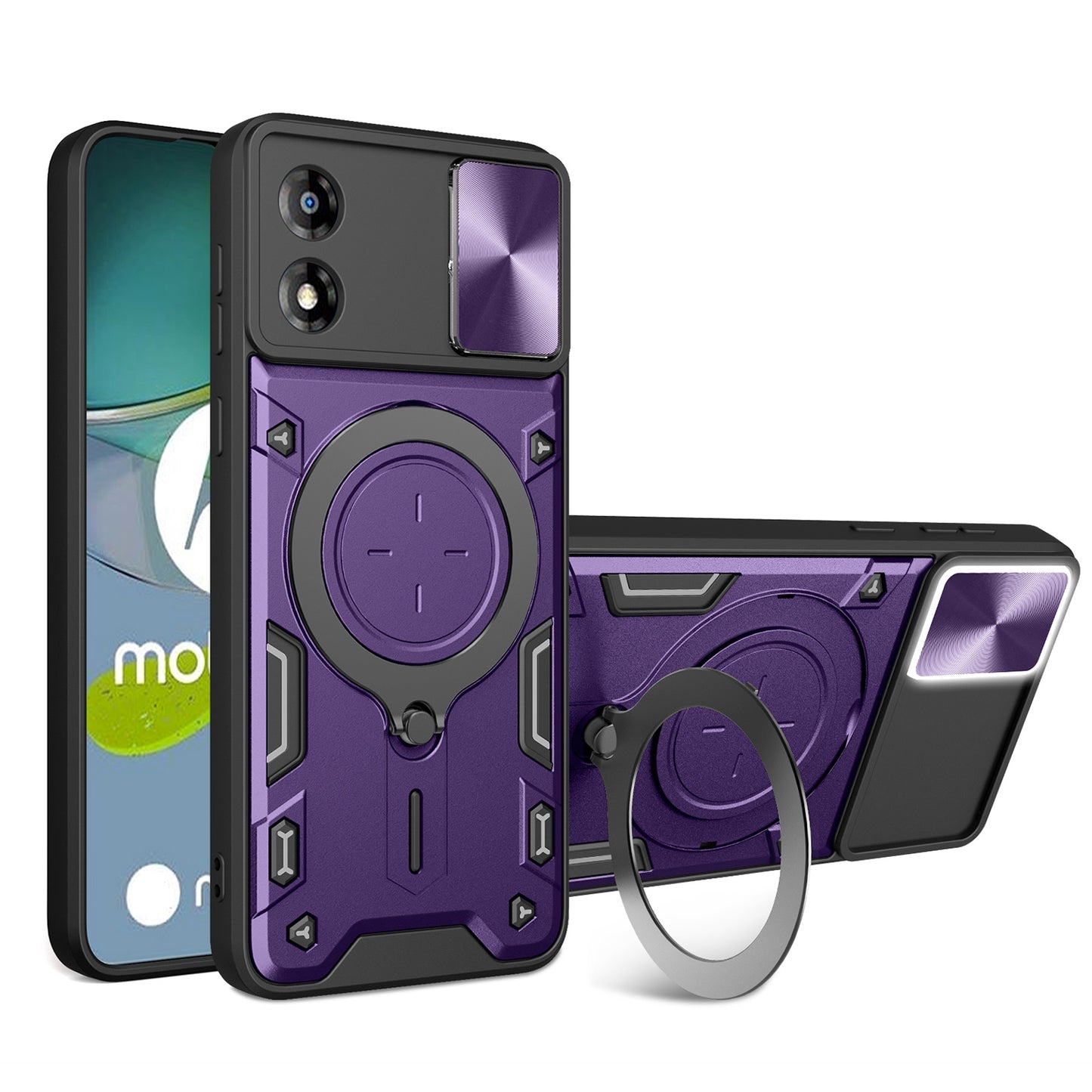 Motorola Moto E13 Magnetic Holder CD Texture Sliding Camshield Phone Case, TPU PC Shockproof Cover