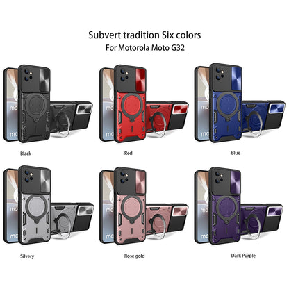 Motorola Moto G32 Magnetic Holder CD Texture Sliding Camshield Phone Case, TPU PC Shockproof Cover