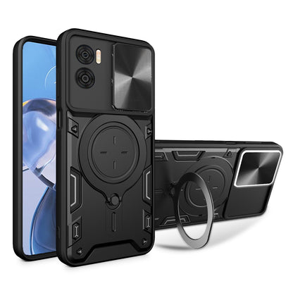 Motorola Moto E22 Magnetic Holder CD Texture Sliding Camshield Phone Case, TPU PC Shockproof Cover