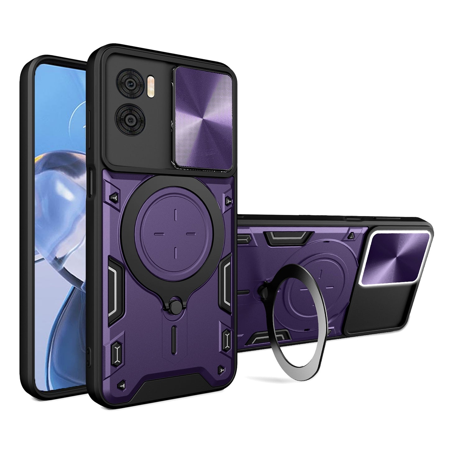 Motorola Moto E22 Magnetic Holder CD Texture Sliding Camshield Phone Case, TPU PC Shockproof Cover