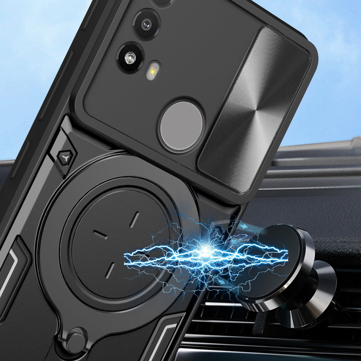 Motorola Moto E20 Magnetic Holder CD Texture Sliding Camshield Phone Case, TPU PC Shockproof Cover