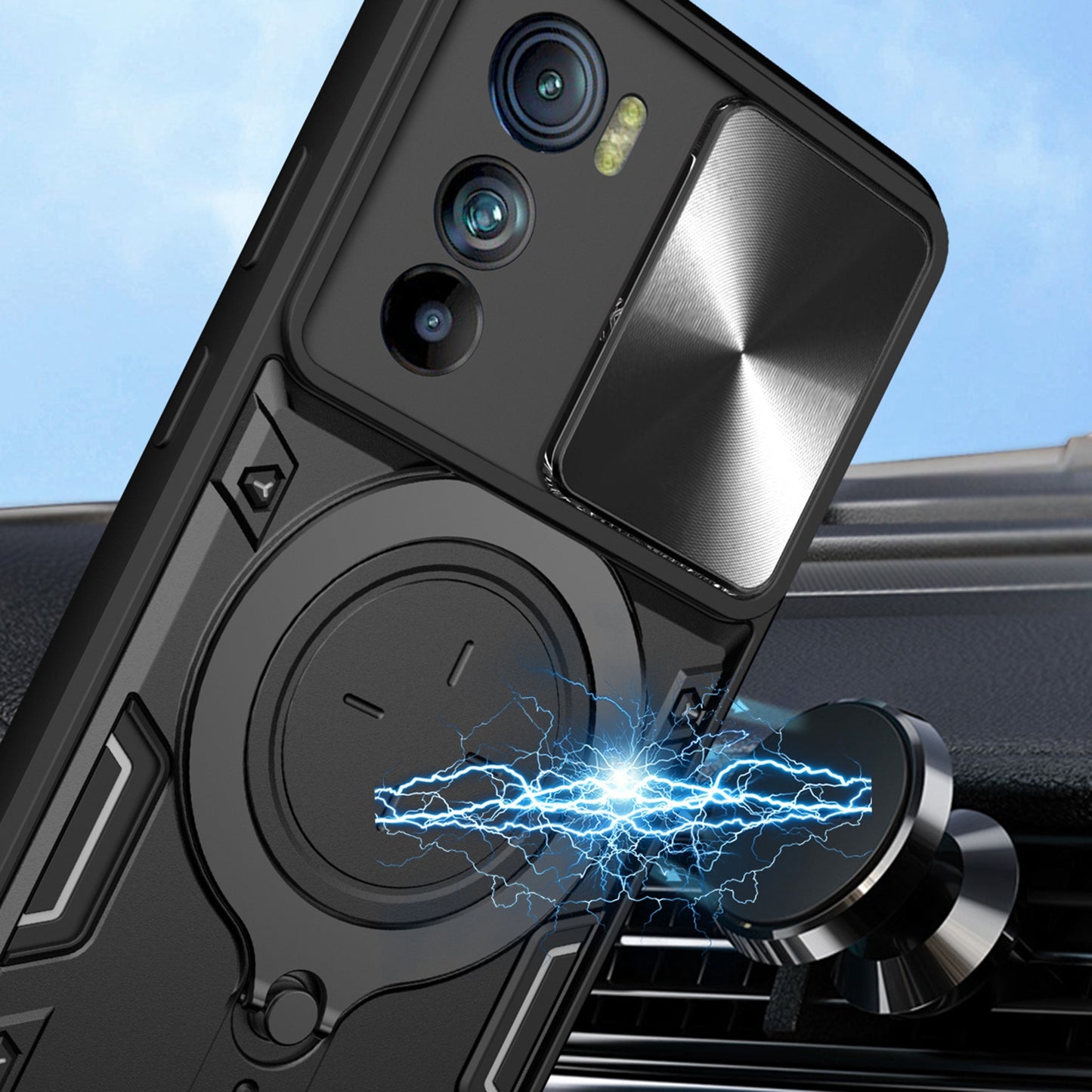 Motorola Edge 30 Magnetic Holder CD Texture Sliding Camshield Phone Case, TPU PC Shockproof Cover